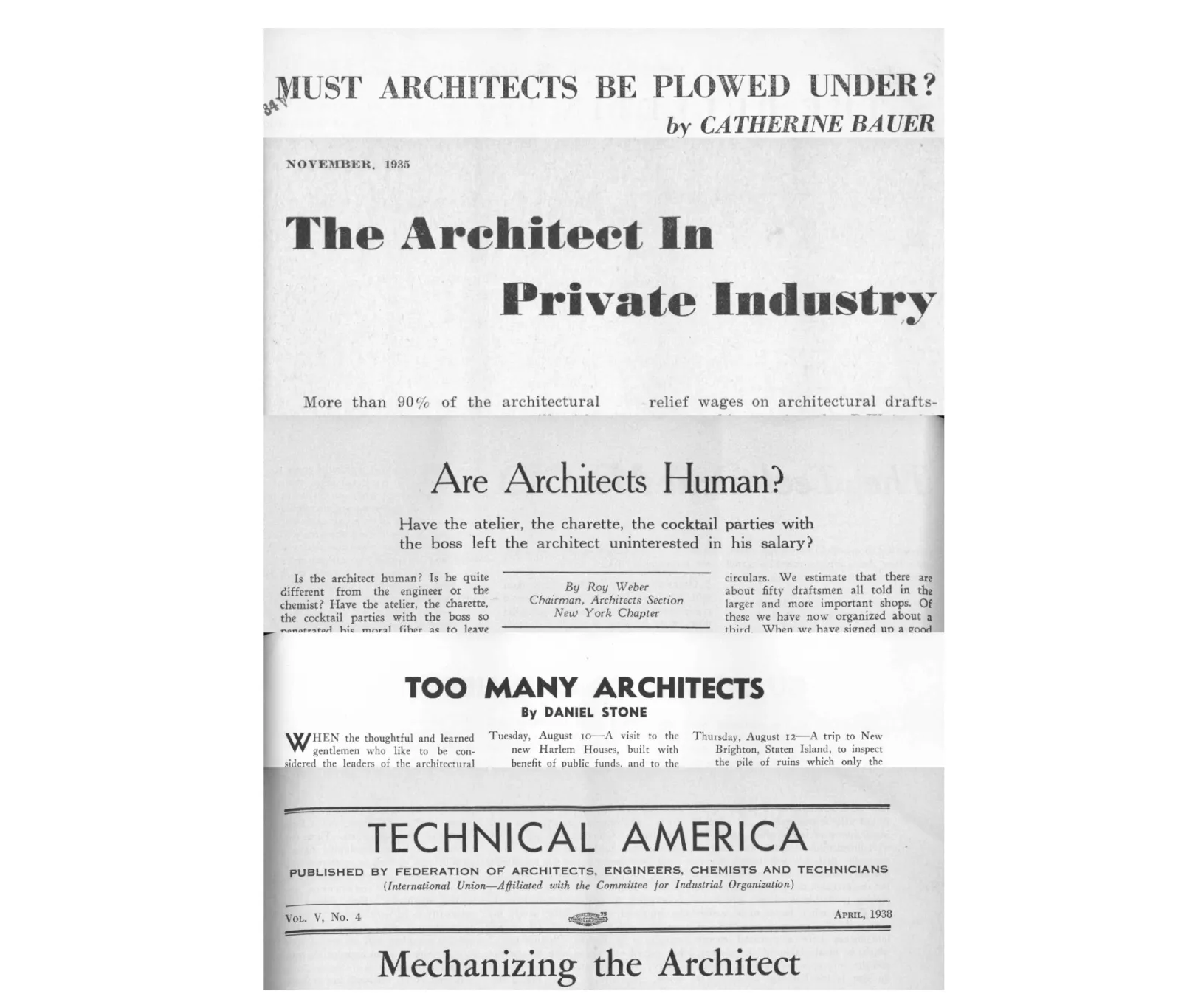 Scanned 1930s pages from Technical America headlined 'Must Architects Be Plowed Under?' and 'Too Many Architects' — archival material from Jack Rusk's 2023 Avery Review essay 'Our best organizer!' on architects organizing as workers